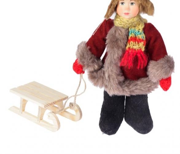 Новогодняя кукла Мальчик в зимнем костюме с санками 28 см (А2-16)  МИКС