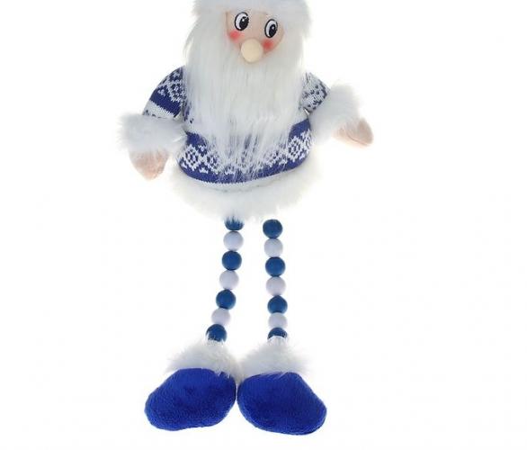 Мягкая игрушка Дед Мороз в бело-синем свитерке (ножки-бусинки)